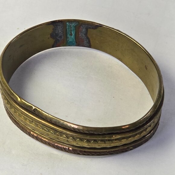 Vintage Bangle Bracelet Mixed Metal Etched Brass & Copper Boho Gypsy Style 8.5in - Picture 4 of 8